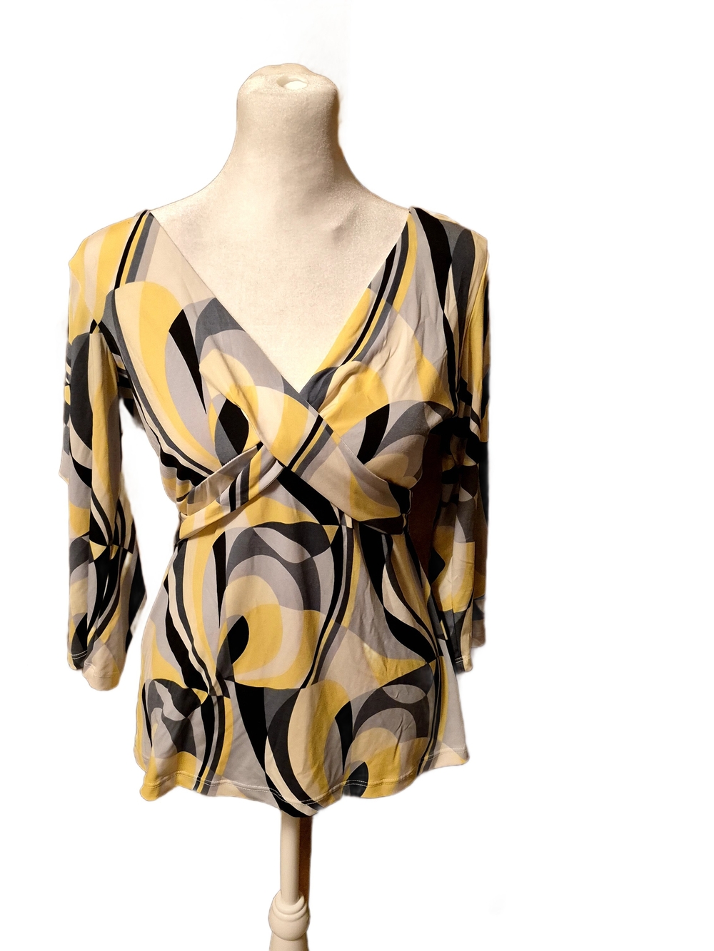 Maurices Yellow, Gray & Black Abstract Wrap-Front Blouse